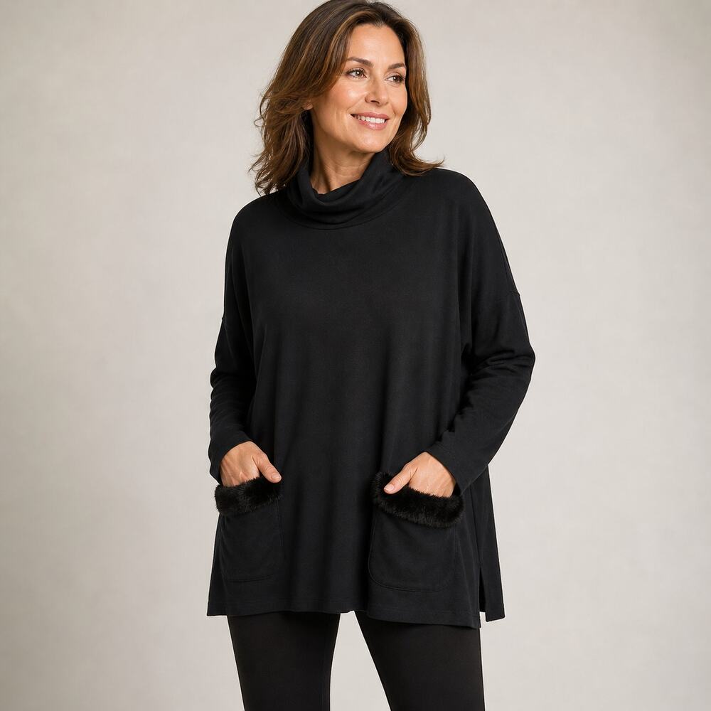 Karen Kane L High Neck Tunic Faux Fur Pockets Black Large Long Sleeve Lagenlook